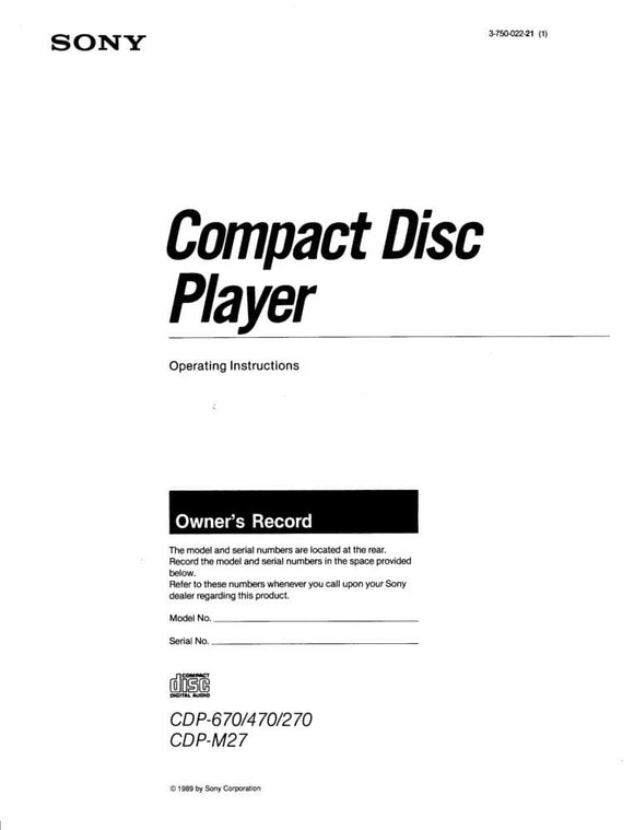 Hard paper print copy of Sony CD Player Instruction Manuals.