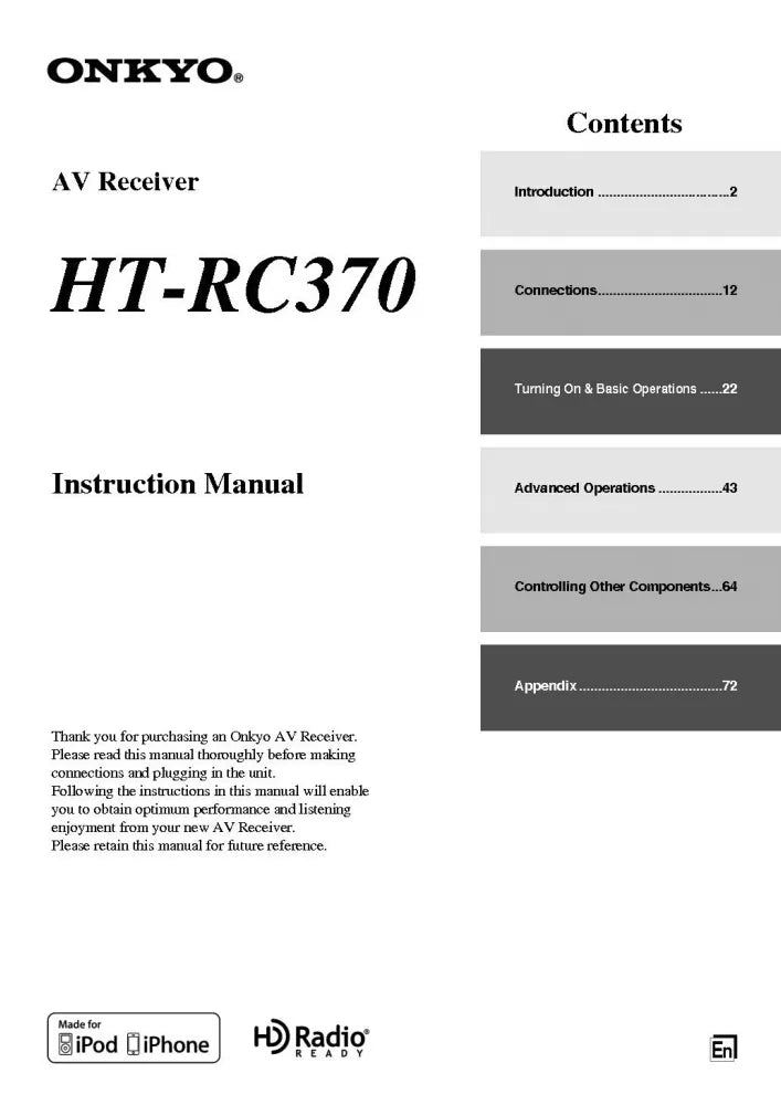 Onkyo Integra HT-RC370 Receiver Owners Instruction Manual – TekRevolt