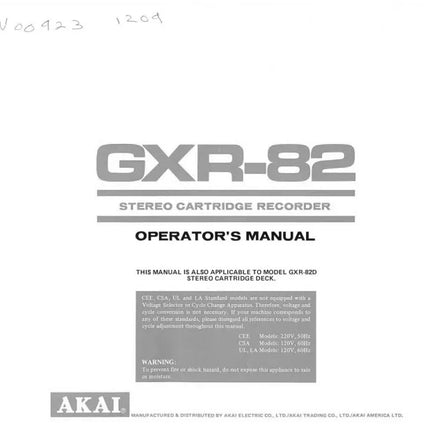 Akai GXR-82 GXR-82D Cassette Deck Owners Instruction Manual