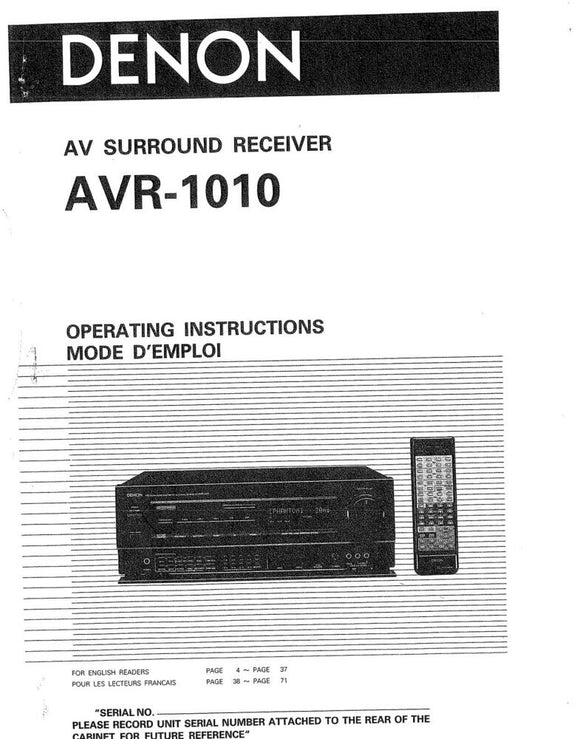 Denon AVR 1010 Receiver Owners Manual