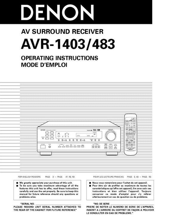 Denon AVR 1403 AV Receiver Owners Manual
