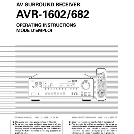 Denon AVR 1602 AV Receiver Owners Manual