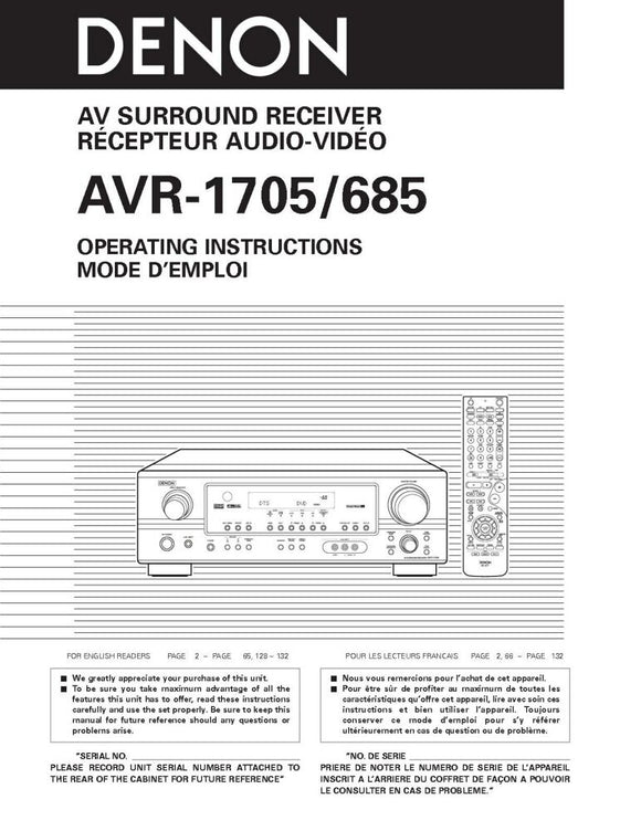 Denon AVR 1705 Receiver Amplifier Owners Manual