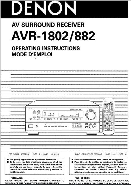 Denon AVR 1802 Receiver Amplifier Owners Manual