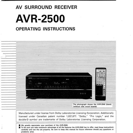 Denon AVR 2500 Receiver Amplifier Owners Manual