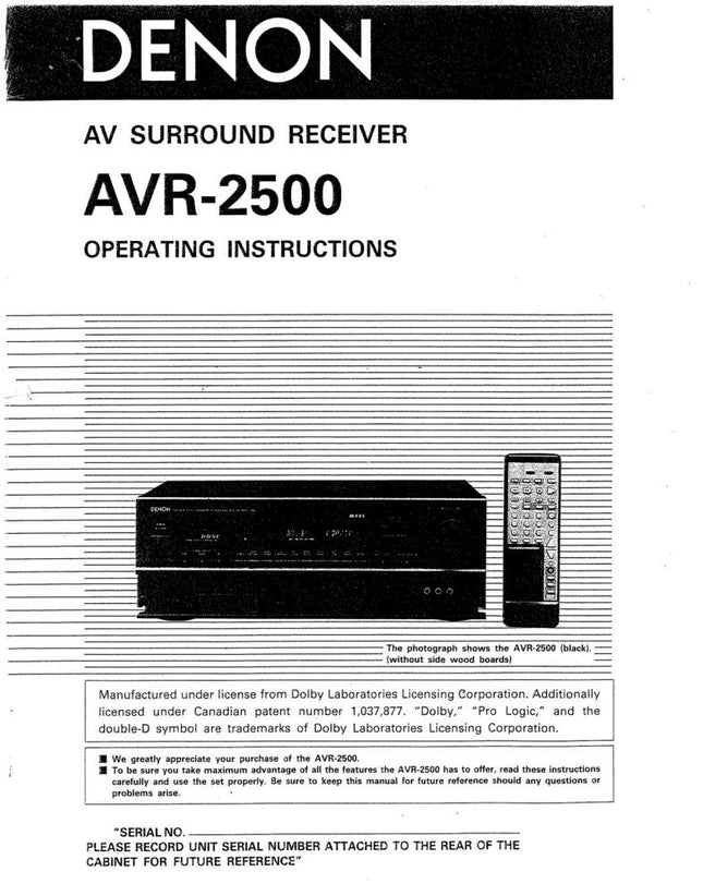 Denon AVR 2500 Receiver Amplifier Owners Manual