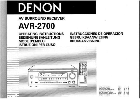 Denon AVR 2700 AV Receiver Owners Manual