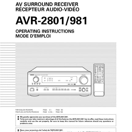 Denon AVR 2801 Receiver Owners Manual