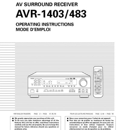 Denon AVR 483 AVR 1403 Receiver Owners Manual