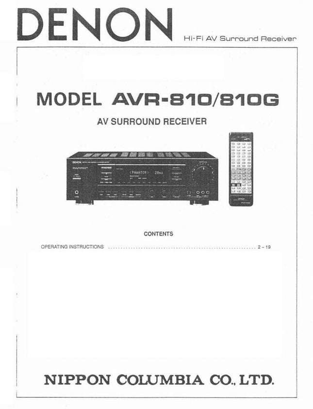 Denon AVR 810 AVR 810G Receiver Owners Manual