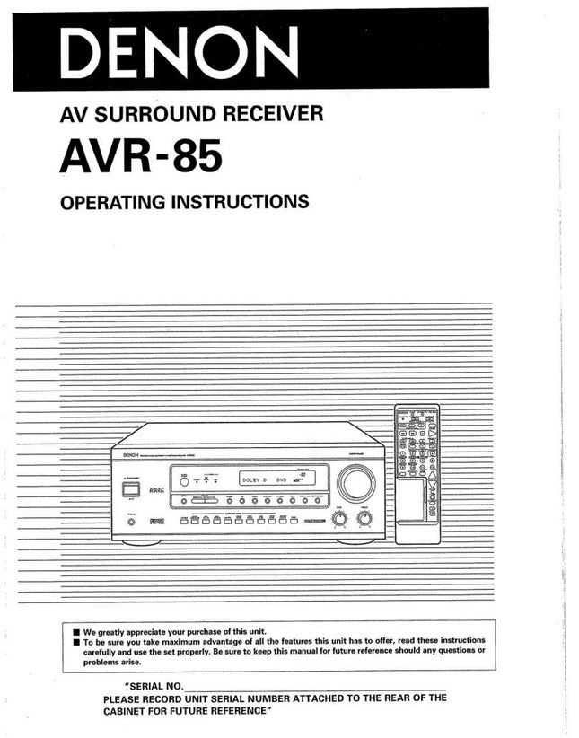 Denon AVR 85 Receiver Amplifier Owners Manual