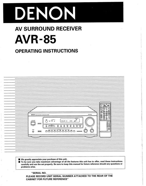 Denon AVR 85 Receiver Amplifier Owners Manual