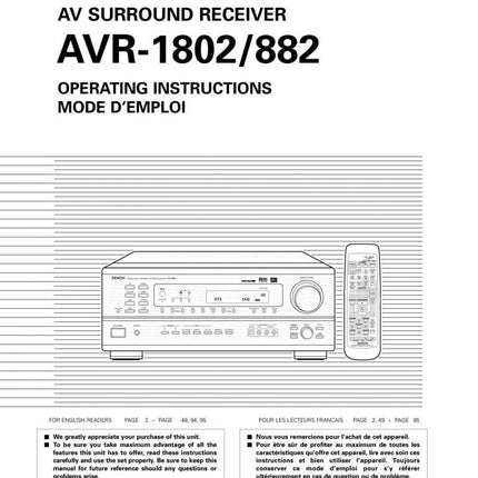 Denon AVR 882 AVR 1802 Receiver Owners Manual