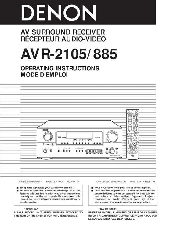 Denon AVR 885 AV Receiver Owners Manual