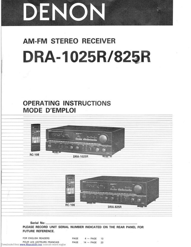 Denon DRA 1025R Receiver Amplifier Owners Manual