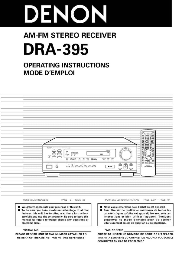 Denon DRA 395 Receiver Owners Manual