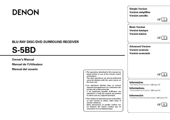Denon S 5BD Receiver Amplifier Owners Manual