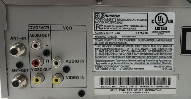 Emerson EWD2003 DVD VCR Combo Player VHS Recorder back