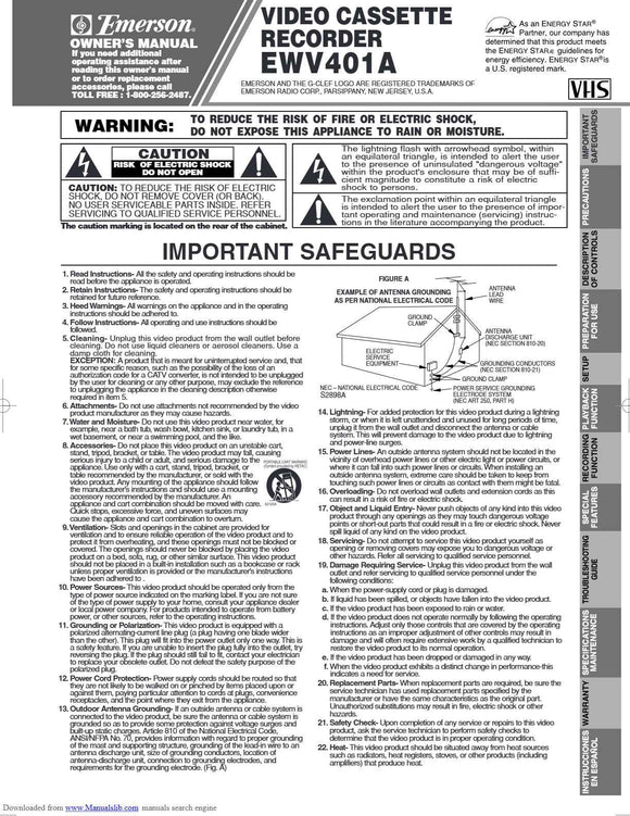 Emerson EWV401A VCR Owners Manual