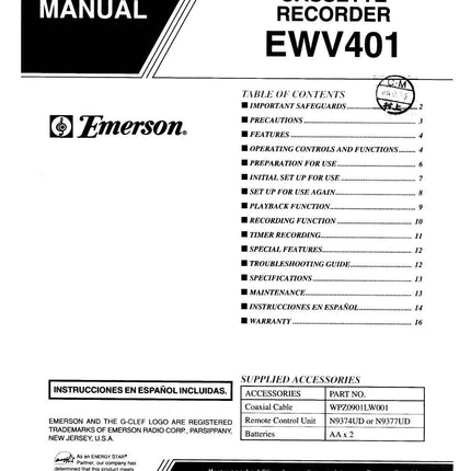 Emerson EWV401B VCR Owners Manual