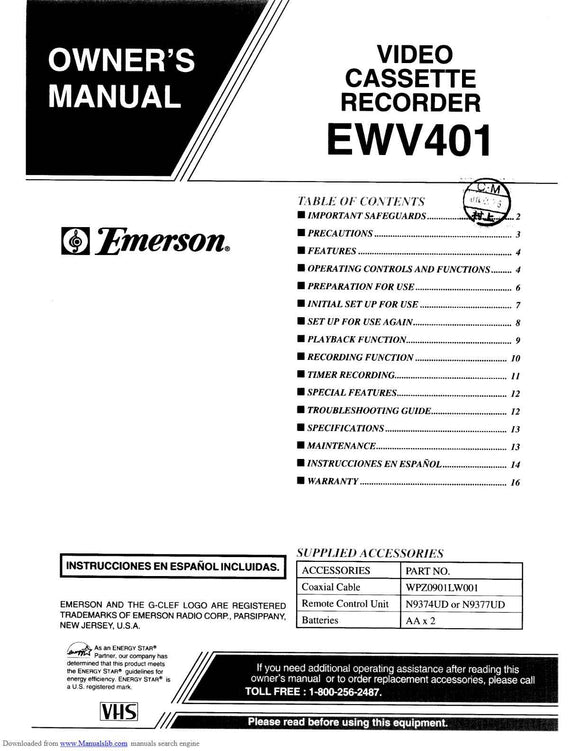 Emerson EWV401B VCR Owners Manual