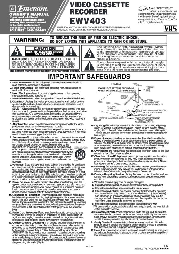 Emerson EWV403 VCR Owners Manual