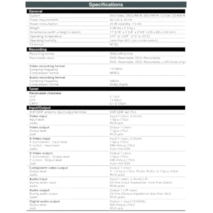 Funai SV2000 DVD Recorder WV10D6 specs