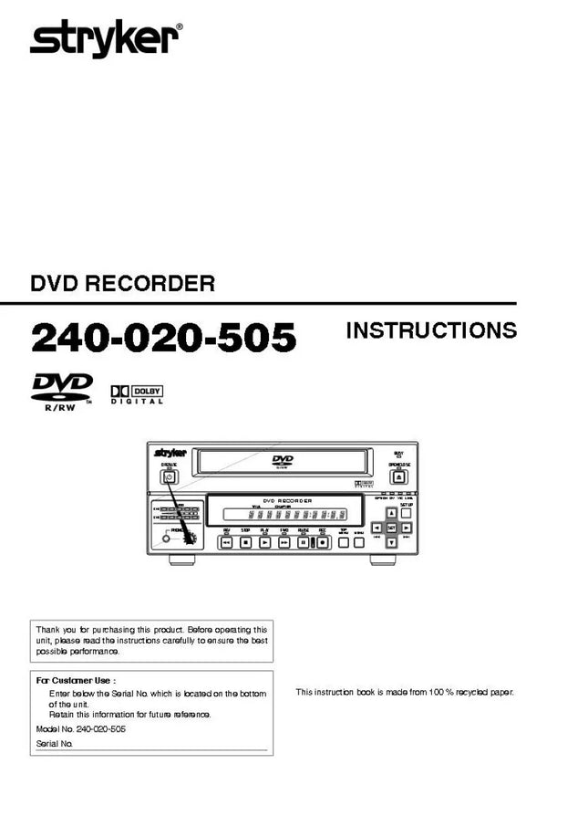 JVC 240-020-505 DVD Recorder Owners Instruction Manual