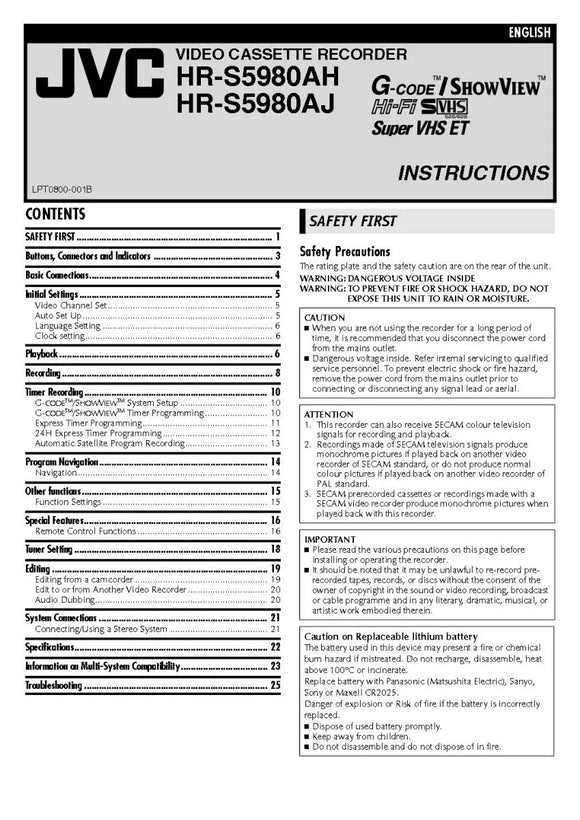 JVC HR-5980AH HR-5980AJ VCR Owners Instruction Manual