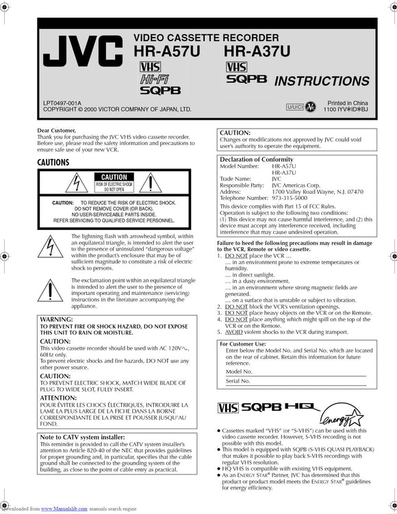 JVC HR-A57U VCR Owners Instruction Manual