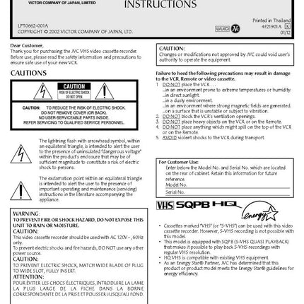JVC HR-A590U VCR Owners Instruction Manual
