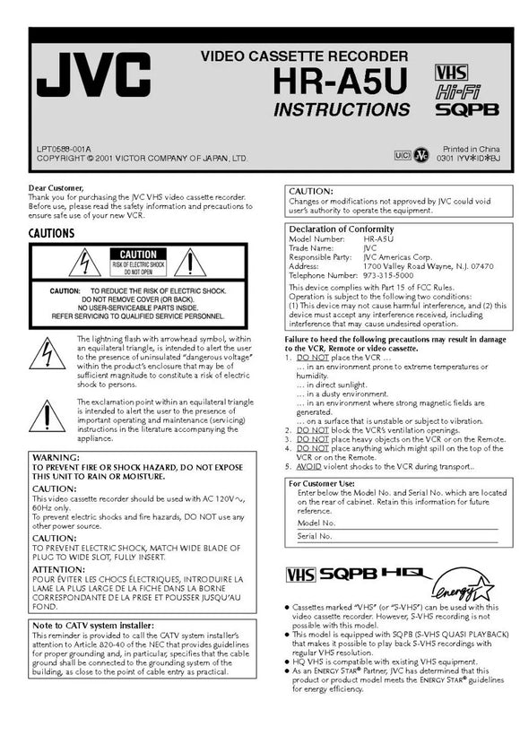 JVC HR-A5U VCR Owners Instruction Manual