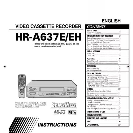 JVC HR-A637E HR-A637EH VCR Owners Instruction Manual