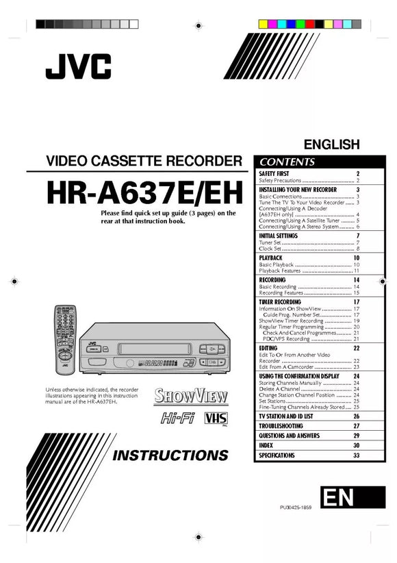 JVC HR-A637E HR-A637EH VCR Owners Instruction Manual