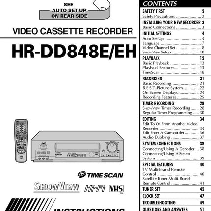 JVC HR-DD848E HR-DD848EH VCR Owners Instruction Manual