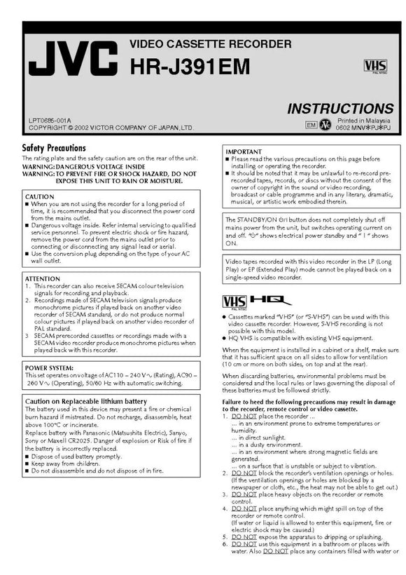 JVC HR-J391EM VCR Owners Instruction Manual