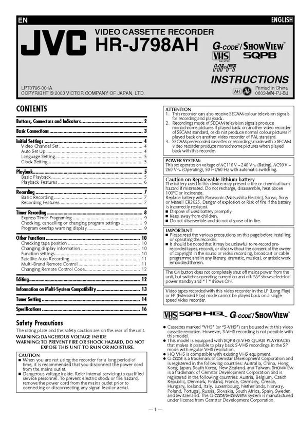 JVC HR-J798AH VCR Owners Instruction Manual