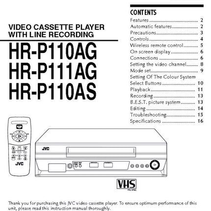 JVC HR-P110AG HR-P110AS HR-P111AG VCR Owners Instruction Manual