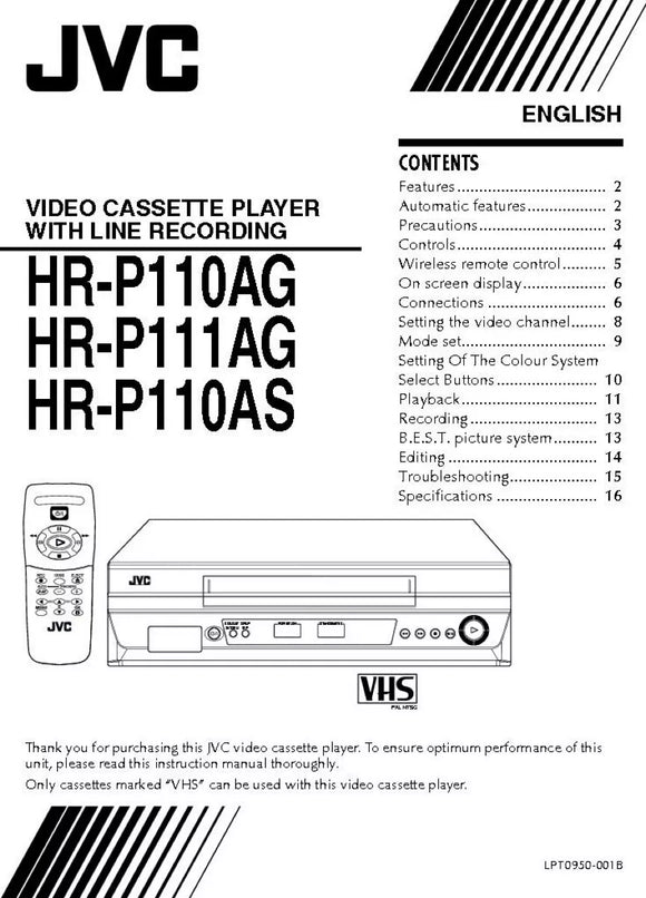 JVC HR-P110AG HR-P110AS HR-P111AG VCR Owners Instruction Manual