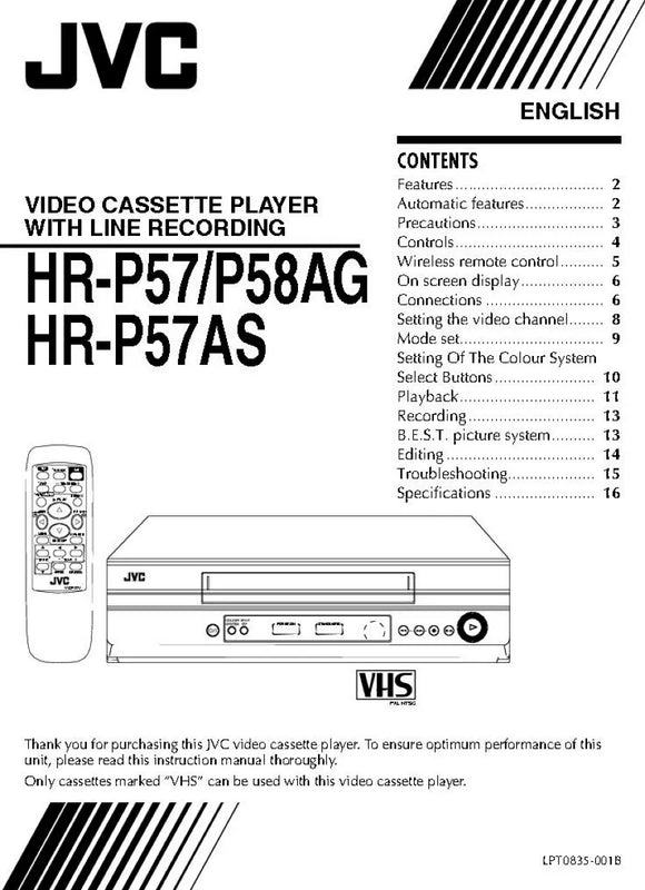 JVC HR-P57 HR-P57AS HR-P58AG VCR Owners Instruction Manual