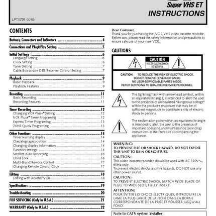 JVC HR-S3902U HR-S3912U VCR Owners Instruction Manual