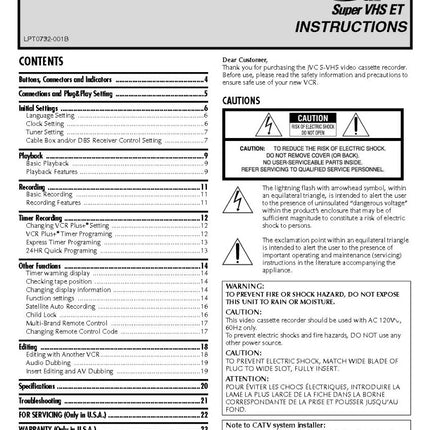 JVC HR-S5902U HR-S5912U VCR Owners Instruction Manual