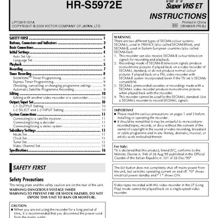 JVC HR-S5970E HR-S5971E HR-S5972E VCR Owners Instruction Manual