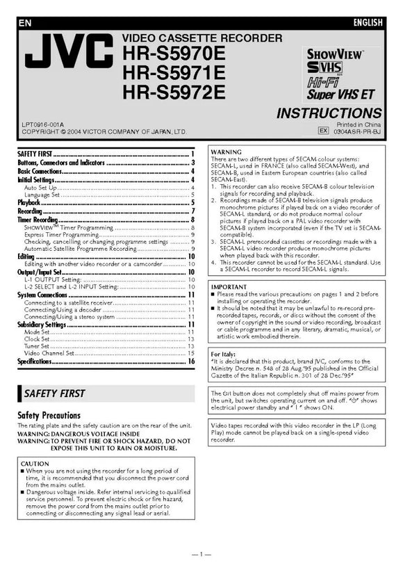 JVC HR-S5970E HR-S5971E HR-S5972E VCR Owners Instruction Manual