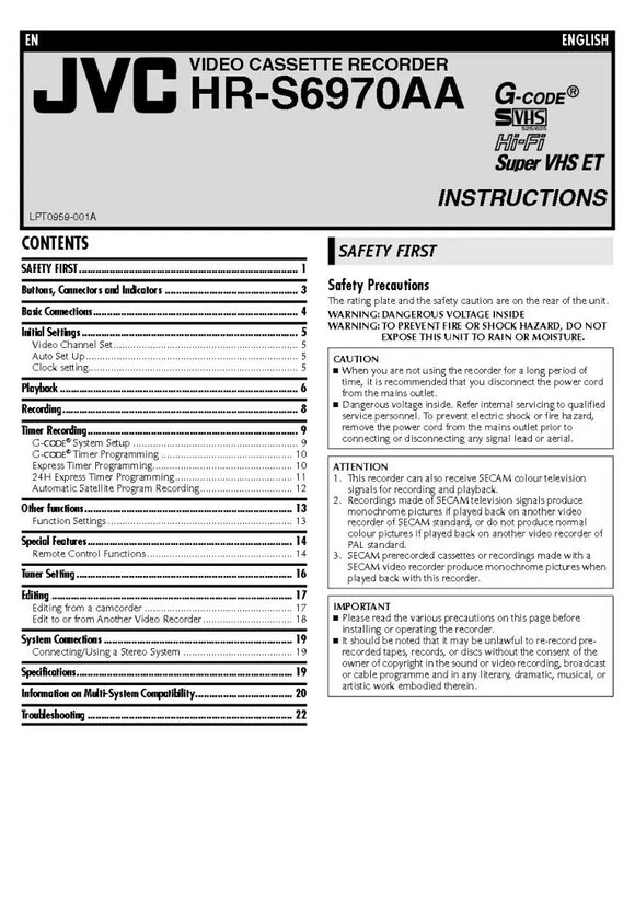 JVC HR-S6970AA VCR Owners Instruction Manual