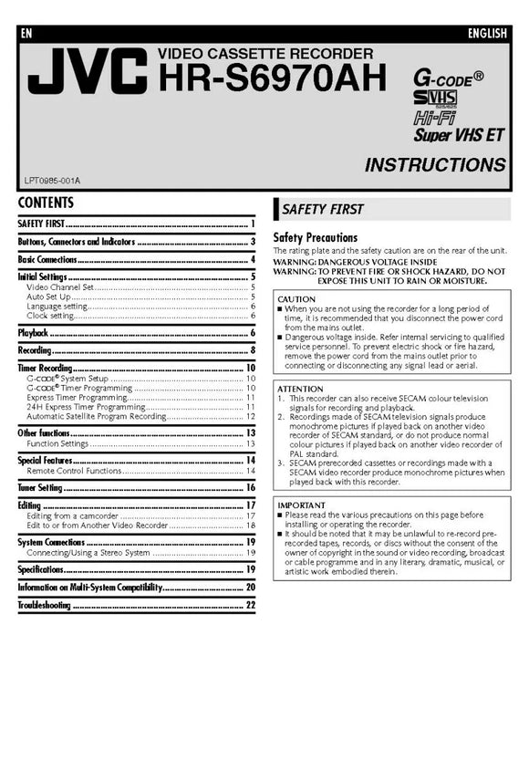 JVC HR-S6970AH VCR Owners Instruction Manual