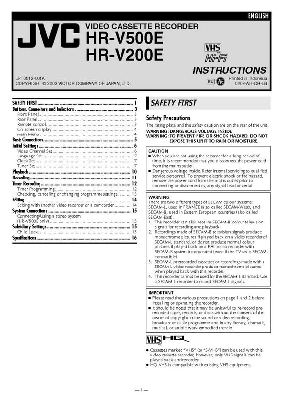 JVC HR-V200EX HR-V500EX VCR Owners Instruction Manual