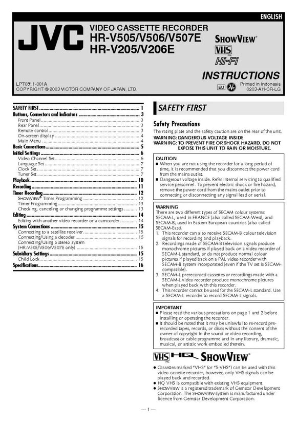 JVC HR-V205 HR-V206E HR-V505 HR-V506 HR-V507E VCR Owners Manual