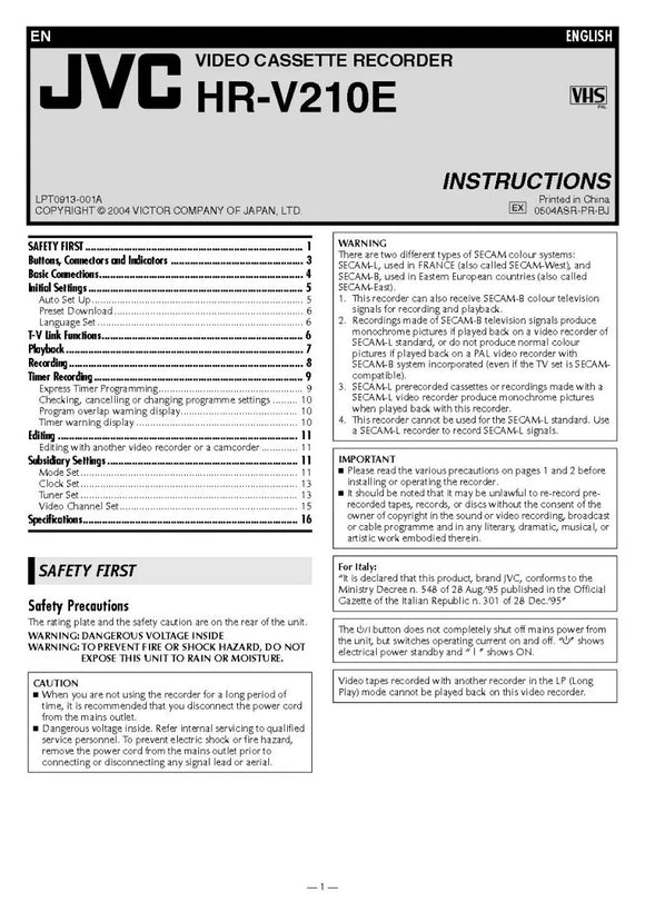 JVC HR-V210E VCR Owners Instruction Manual