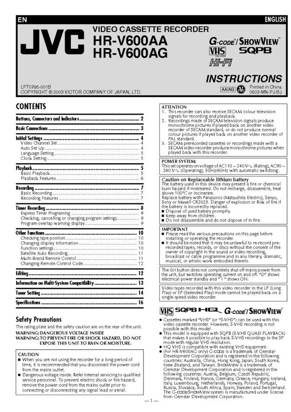 JVC HR-V600AA HR-V600AG VCR Owners Instruction Manual